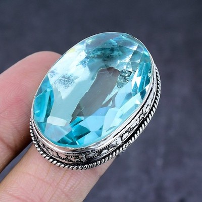 Natürlicher Schweizer Blautopas Edelstein Handarbeit 925 Stahl Silber Ring Gr. 8 v408