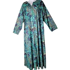 Collections Etc Paisley Caftan Lounge Dress Large Teal Purple Zip Front Maxi