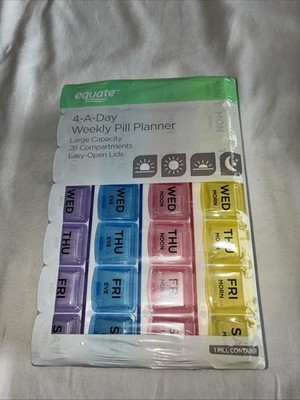 New Equate 4-a-Day Pill Planner, 1 Week, 8.5'' - Easy Open - Large Capacity