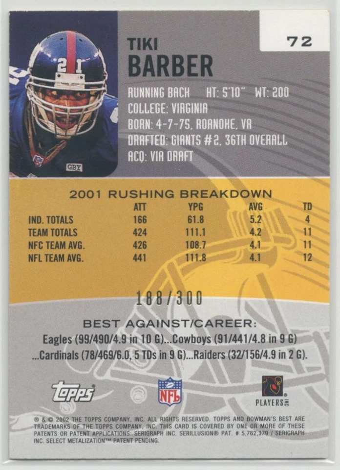 Tiki Barber 2002 Bowman's Best Blue /300 #72 New York Giants - Image 2 of 2