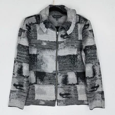 Ming Wang Sweater Women Large Petite Gray Black Lightweight Knit Full Zip Jacket