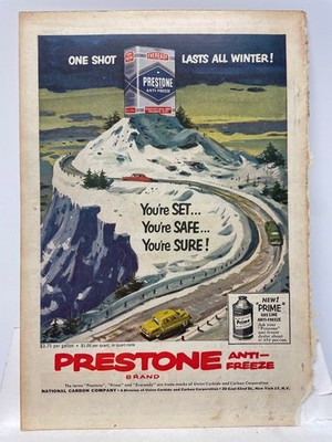 Vintage Prestone Frostschutz Eveready Magazin Anzeige Winter Berg Szene