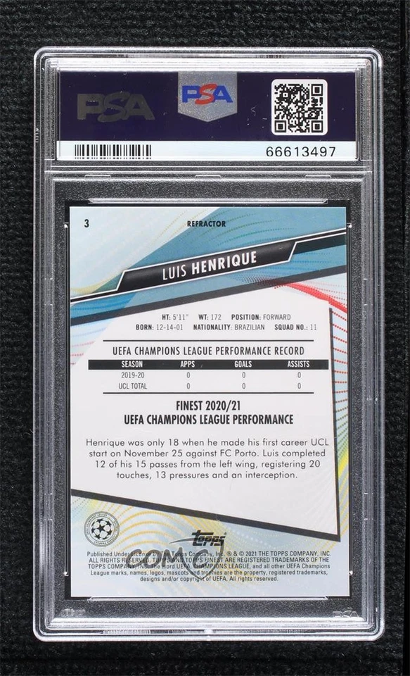 2020-21 Topps Finest UCL Refractor Luis Henrique #3 PSA 10 GEM MT Rookie RC - Image 2 of 2