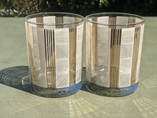 2 Old Fashioned Glasses: Vintage MCM By Georges Briard Gold And White Plaid EUC