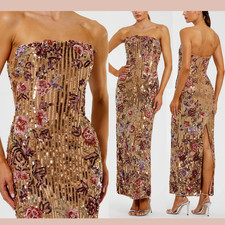 NWT MAC DUGGAL [ 14 ] 6193 Floral Embellished Strapless Column Gown Gold J2375