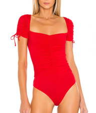 Lovers and Friends Jupiter Bodysuit Size S Red Square Neck Ruched Knit
