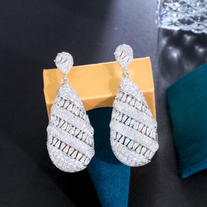Authentic Heavy Work Long Dangle Drop Earrings White Gold Plated CZ Pave Settings for Lady