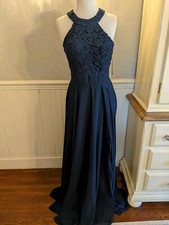 Lulu's Navy Chiffon And Lace Long Dress Sz S NWT
