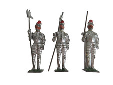 3 Vintage J Hill  Co Lead Toy Knights w/Helmets  Long War Axes made in England