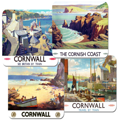 Cornwall mit der Bahn Vintage Poster Untersetzer 4er Set Zug Reisen Hochwertiger Kork