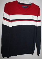 U.S. POLO ASSN MEN'S RED WHITE  BLUE LONG SLEEVE V-NECK SWEATER SZ MEDIUM