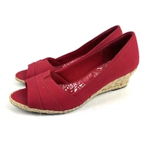 Coach and Four Louise Espadrille Wedge 7 Red Canvas Peep Toe Shoe Womens