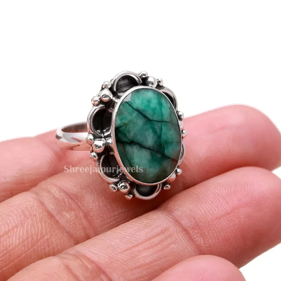 Emerald Ring 925 Sterling Silver Ring Engagement Ring Boho Ring Women Ring - Image 2 of 3