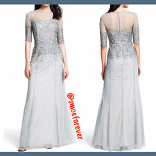 NEW Adrianna Papell Beaded Illusion Bodice Mesh Gown in Grey [Petite SZ 4P ] A54