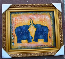 ELEPHANT AND SIDE BROTHER HAND PAINTRD 24" TEXTURED OIL PAINTING ART GIFT 366