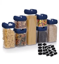 Cheer Collection 7 pc Stackable Airtight Food Storage Containers Navy Blue Lids