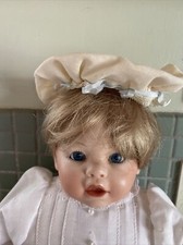 Vintage Ivory Muslin Doll Cap with Blue Ribbon Trim and Lace 9" Circumference