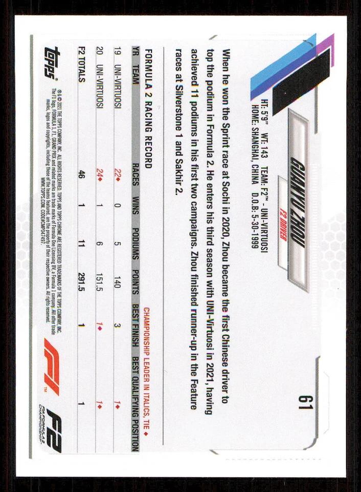 2021 Topps Chrome Formula 1 #61 Guanyu Zhou FS - Image 2 of 2