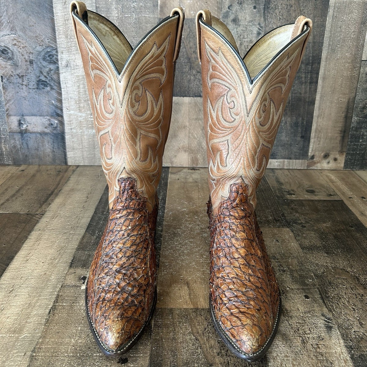 Vintage DAN POST Biege Cowboy Western Boots/Briwn Toe & Brass Heel Cap Size 12 Vintage Dan Post Brown Leather Cowboy Boots: Embroidered  main image 4