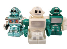 Vintage TOMY style Windup Robot Set chrome, white, green
