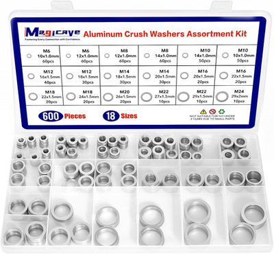 600 Pcs Aluminum Crush Washer Assortment Kit 18 Sizes M6-M24 Oil Drain Plug