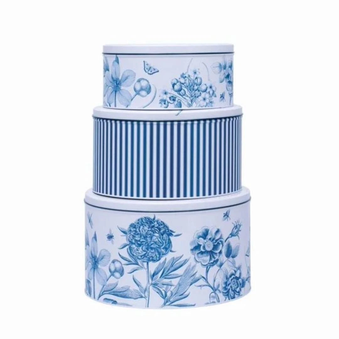 Round Cake Tins Set of 3 Sanderson Blue Floral Stackable Containers