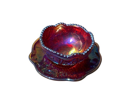 VTG Indiana Glass Iridescent Sunset Carnival Glass Trinket Bowl & Plate Set Red