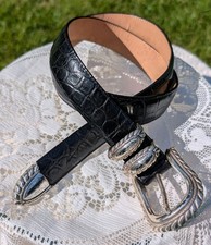 VTG Brighton Black Croc Embossed Leather Belt Silver Tone Western L
