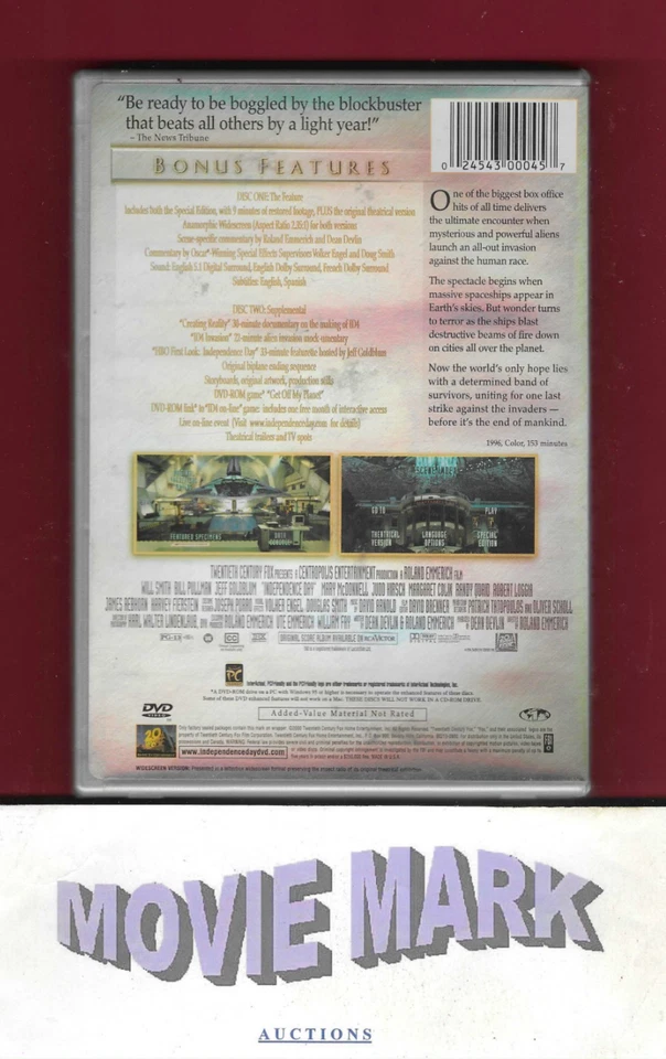 INDEPENDENCE DAY 1996 20th Century Home Entertainment DVD Will Smith & Bonus DVD - Image 2 of 4