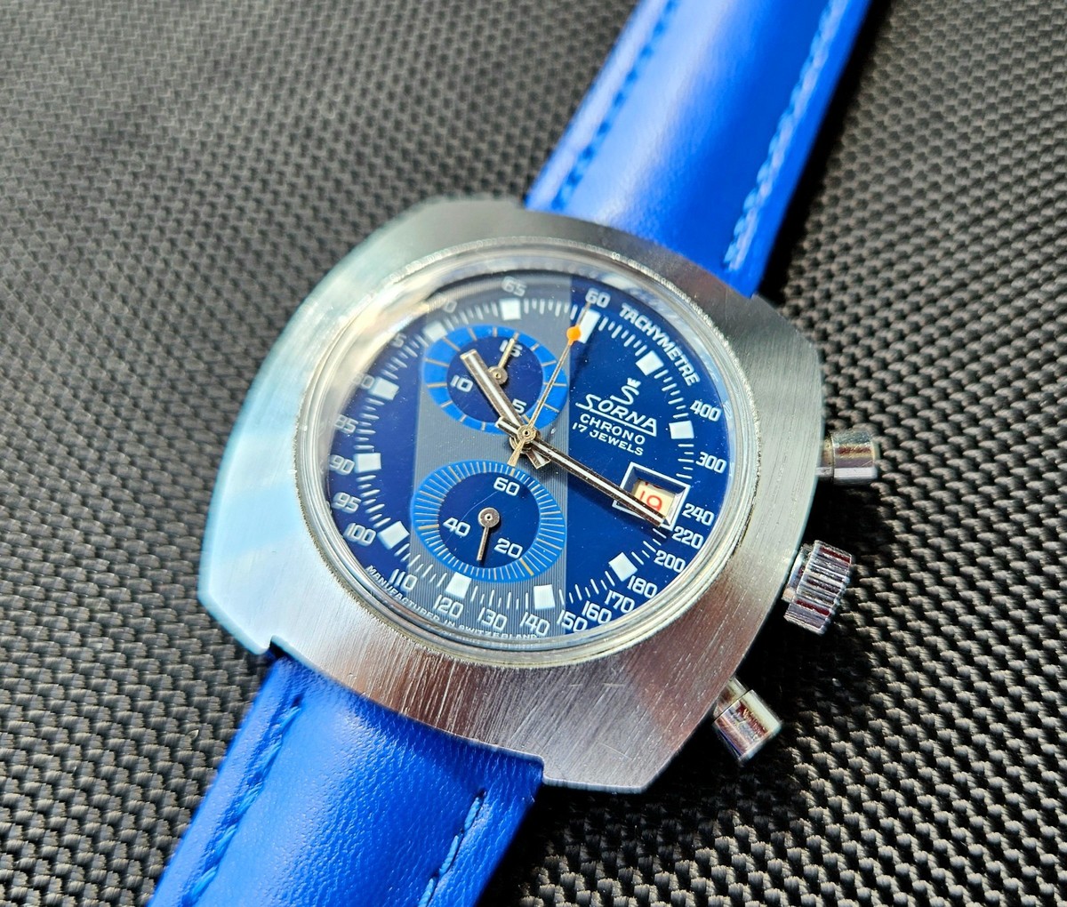 Sorna Chronograph 17 jewels EB 8420 vintage manual wind blue dial