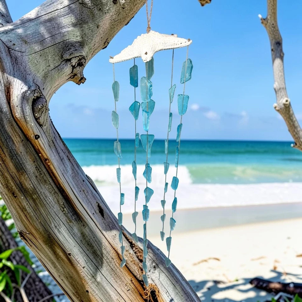 Sea Glass Wind Chime with Starfish – Coastal Beach Decor – Handmade Mobile - Image 1 of 4