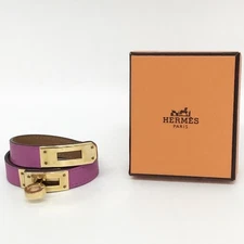 Auth HERMES Near Mint Kelly W-Bracelet w/ Box Gold Hardware Leather Purple FS