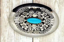 Silvertone Metal Western Style Belt Buckle Faux Turquoise Fits 1 1/2" Belts