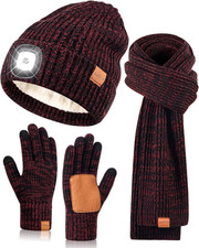 LED Beanie Gloves Scarf Set, Winter Hat with Light Built in Headlamp Caps Long S