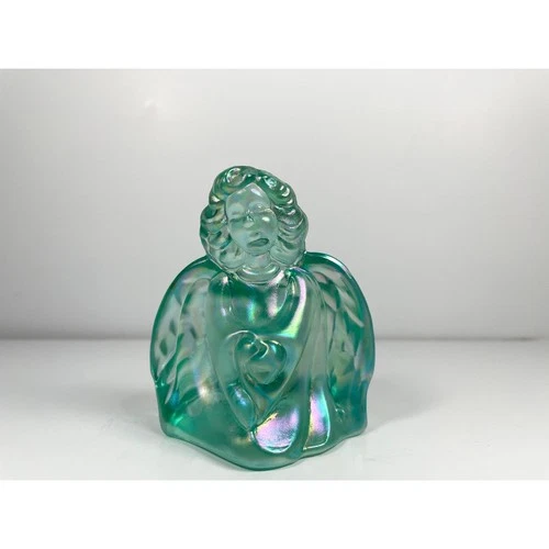Vintage Fenton art glass green iridescent guardian Angel figurine heart