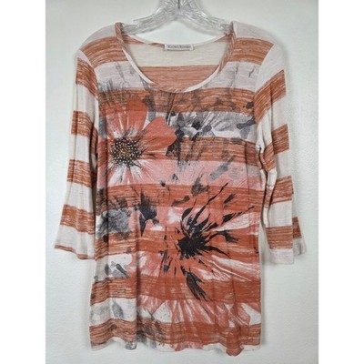 Katie's Kloset Top Womens Medium Striped Floral Embellished 3/4 Sleeve Casual