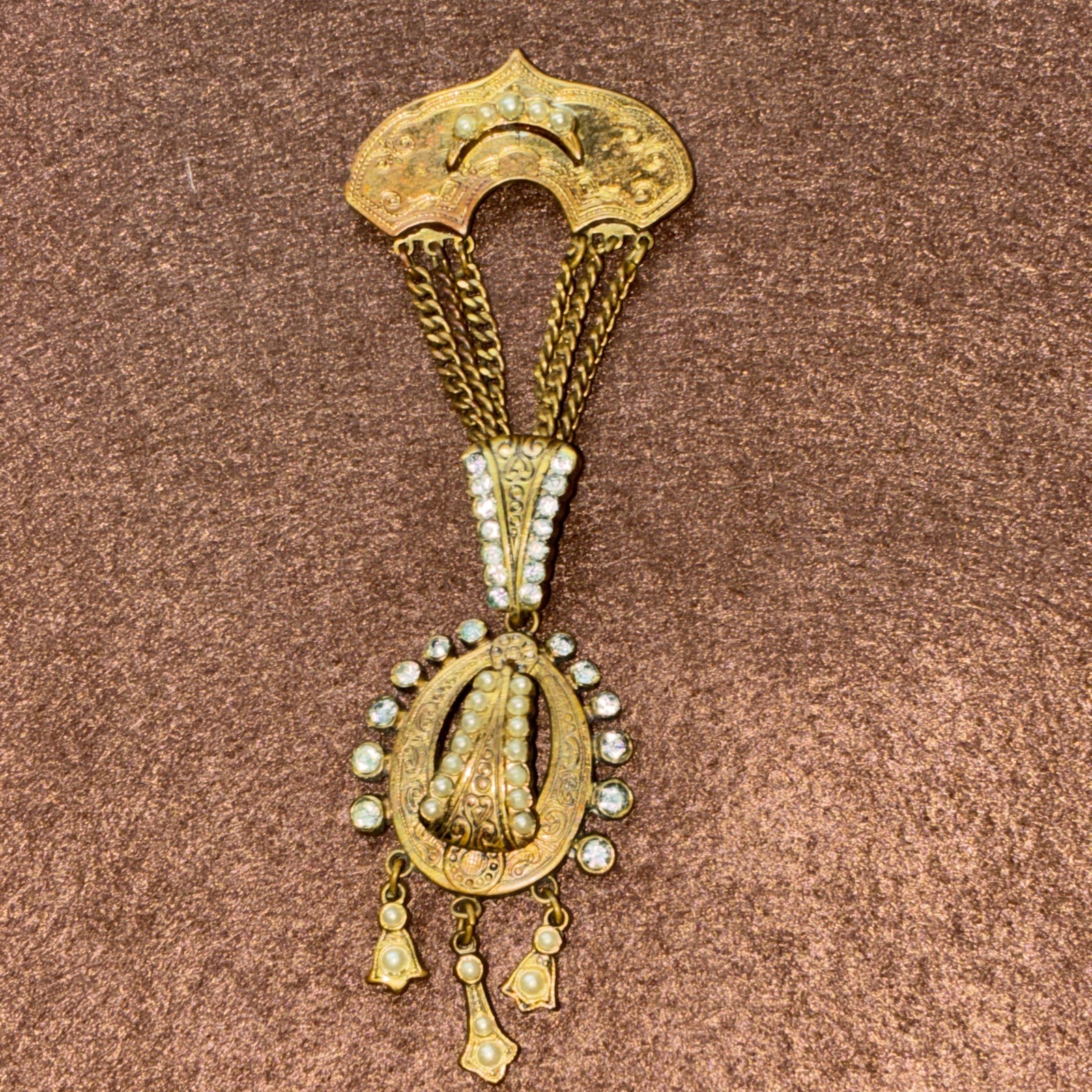 Vintage Victorian Revival Festoon Brooch Pendant Pearl Paste Brass Necklace