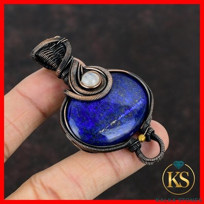 Oval Natural Lapis Lazuli Rainbow Moonstone Copper Wire Wrapped Pendant Jewelry
