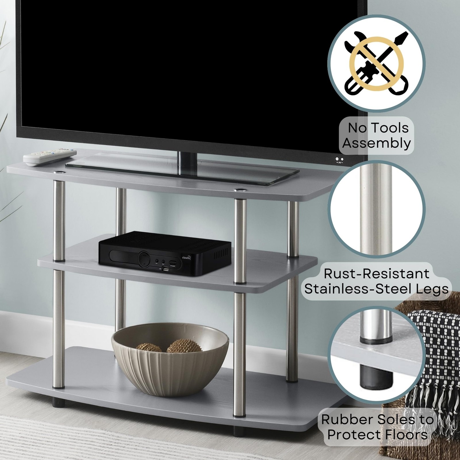 Convenience Concepts Designs2Go 32" Three-Tier TV Stand in Gray Wood Finish