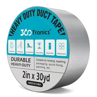 360TRONICS Heavy Duty Silver Duct Tape, 2" x 30 Yds, Waterproof IP65, No Residue