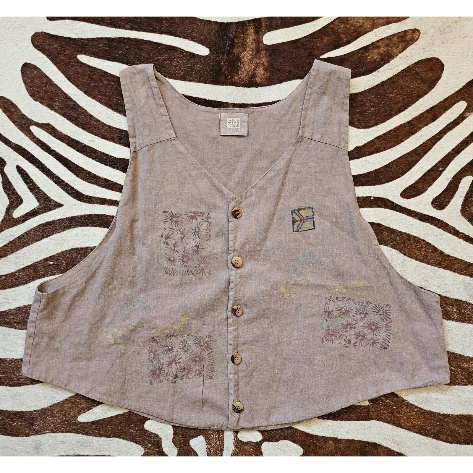 Vintage 90s Blue Fish Clothing Vest Organic Cotton Hand Painted Size XL