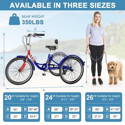 MOONCOOL Adult Tricycles 7 Speed Three Wheel Bike Cruiser Trike Large Basket - Picture 129 of 154