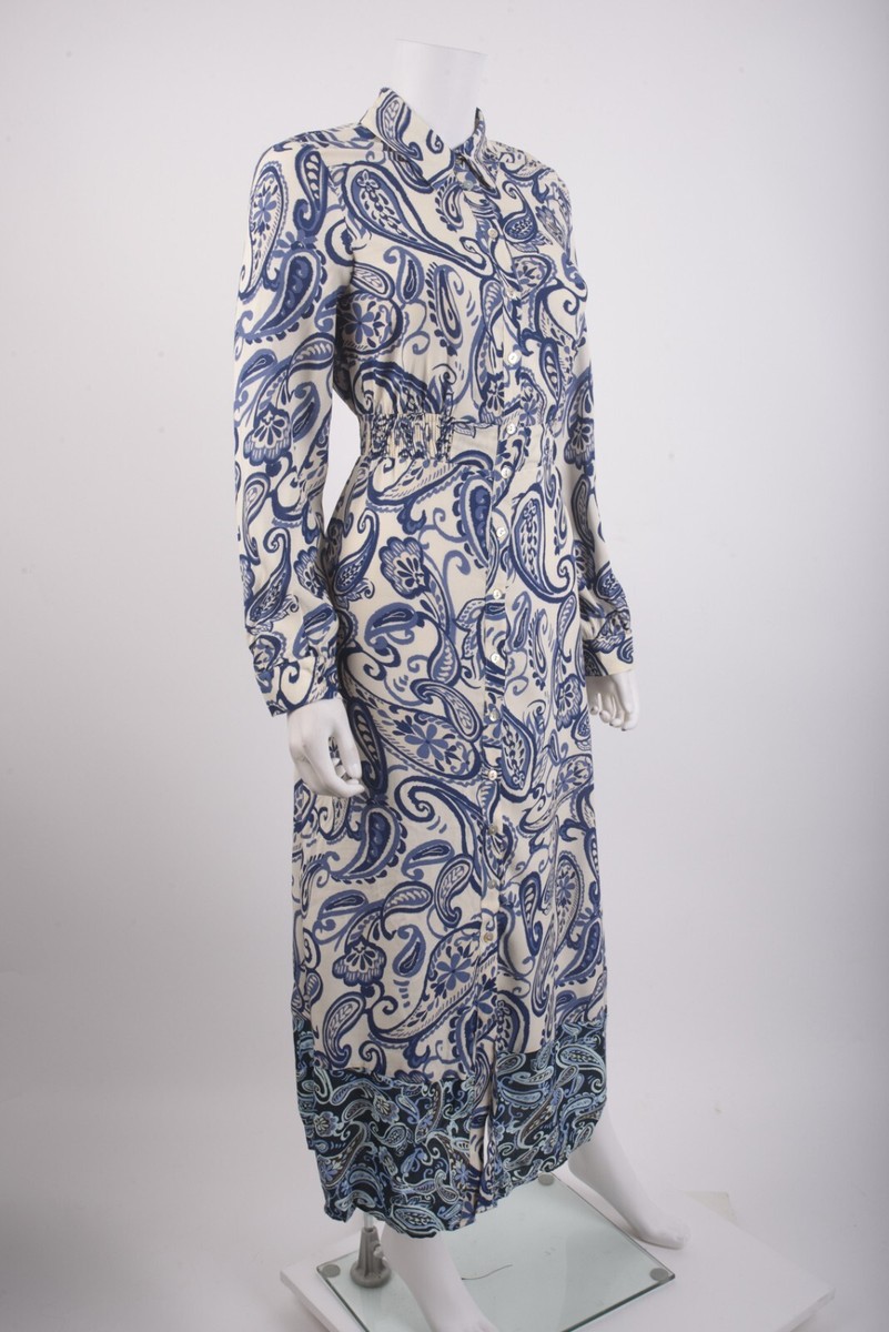 Zara Womens Printed Midi Dress XS Paisley Blue White Long