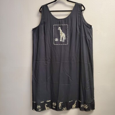 Paradiso Midi Dress Women Plus Size 1X Black White Beaded Giraffe Palm Comfort