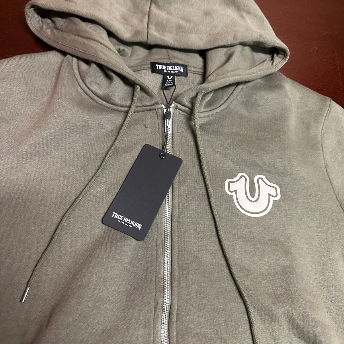 TRUE RELIGION グリーン フーディ M True Religion Buddha Gold Metallic Print Logo Full Zip