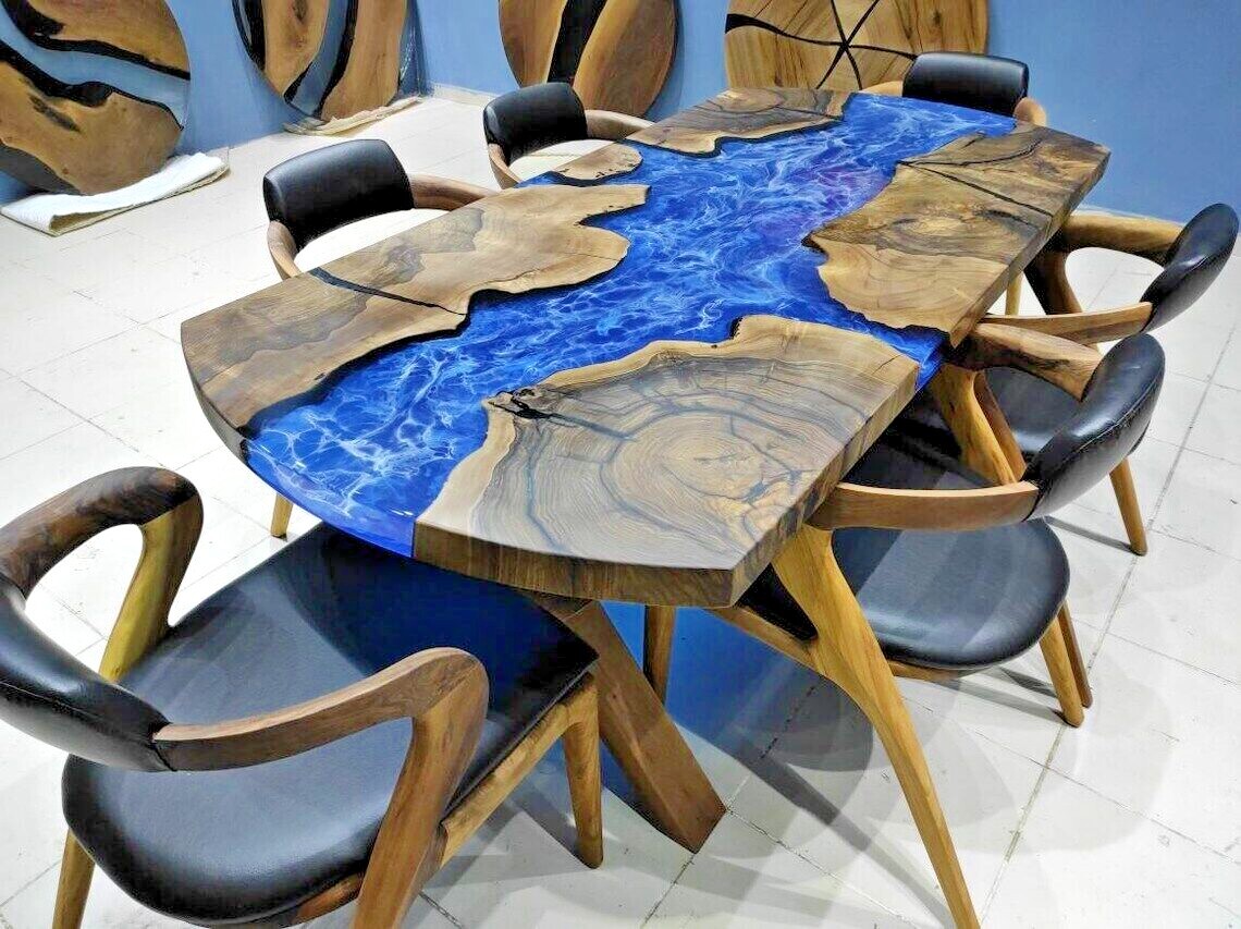 Living Edge Dark Walnut Resin Dining Table, Kitchen table,Ocean Epoxy table top
