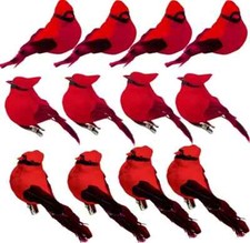 Set of 12 Red Cardinal Clip-On Ornaments - 3" Feathered Christmas Tree Decor