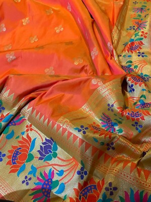 Indian Silk Saree - Paithani Silk Saree- wedding Party wear sari - orange