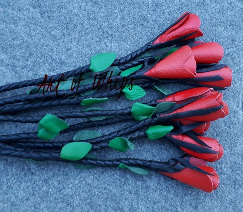 HANDMADE CAT O NINE TAILS REAL TOP LEATHER FLOGGER RED ROSES & GREEN LEAVES WHIP - Picture 6 of 7