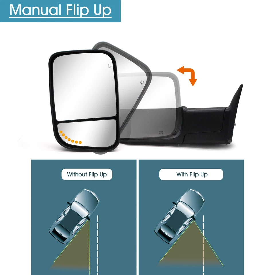 Espejos retrovisores de remolque laterales diestros intermitentes eléctricos térmicos para Dodge Ram 1500 1999-01 negros Foto 4 de 4